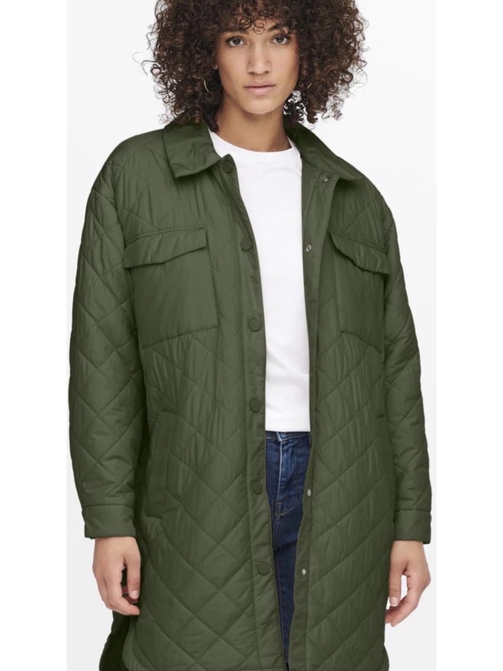 ONLY Quilted Long Shacket in Olive Green